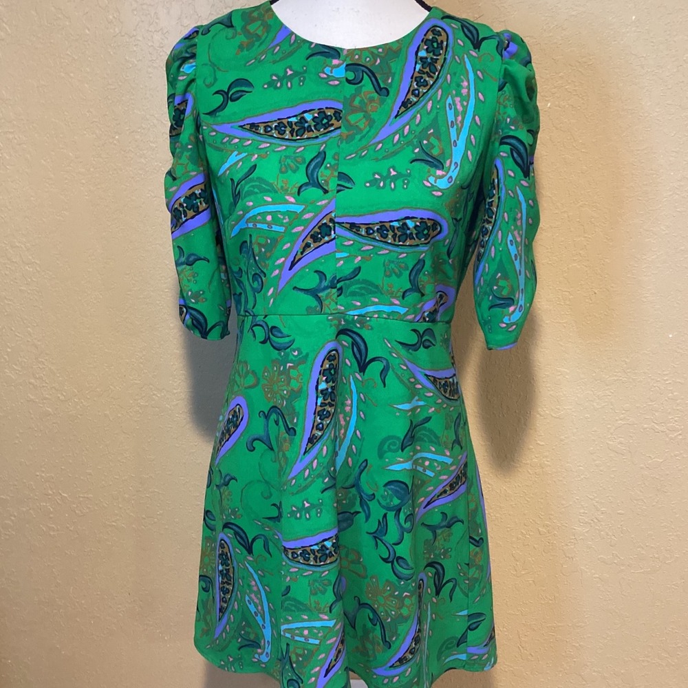 Zara Mini Dress Green w/‎ Paisley Print, A-line, 3/4 Length Sleeves, Size Medium